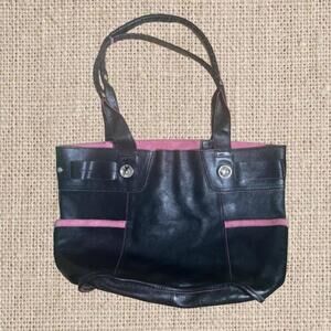 B. Makowsky Burbank Black Patent Genuine Leather Handbag with Pink Trim